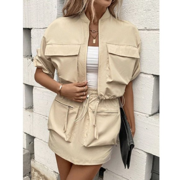 MODA ME COUTURE Jackets & Blazers - Casual Flap Pocket Drawstring Hem Jacket & Skirt Khaki